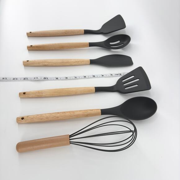 11-Piece Silicone Kitchen Utensil Set with Wooden Handles and Holder - BPA Free - Picture 5 of 9